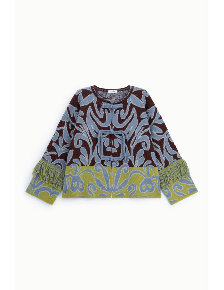 Cardigan jacquard com franjas e fecho com nó Dixie