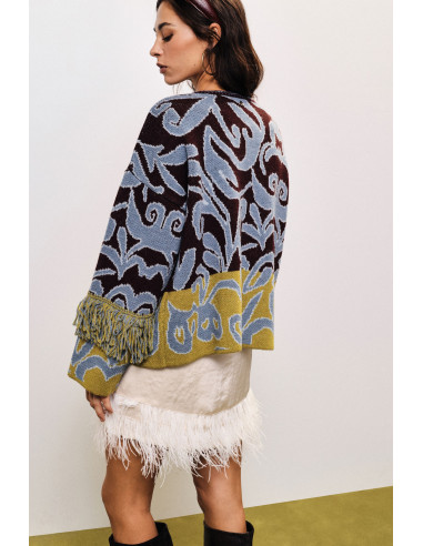 Cardigan jacquard com franjas e fecho com nó Dixie