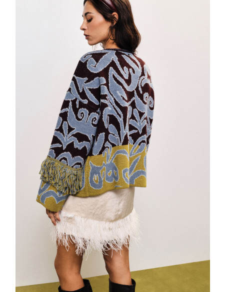 Cardigan jacquard com franjas e fecho com nó Dixie