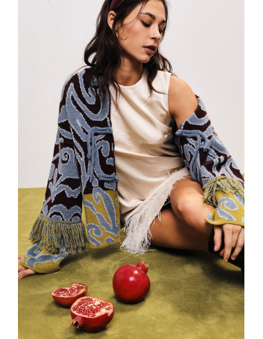Cardigan jacquard com franjas e fecho com nó Dixie