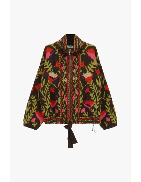 Casaco de malha com fecho e motivo floral em jacquard Dixie