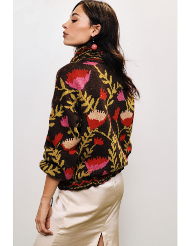 Casaco de malha com fecho e motivo floral em jacquard Dixie