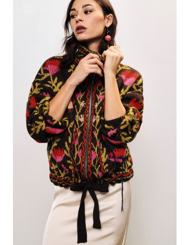 Casaco de malha com fecho e motivo floral em jacquard Dixie