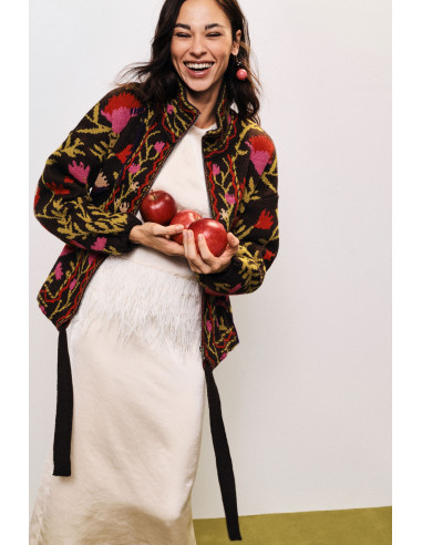 Casaco de malha com fecho e motivo floral em jacquard Dixie