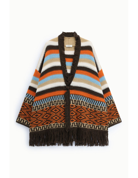 Poncho com franjas e motivos geométricos Dixie
