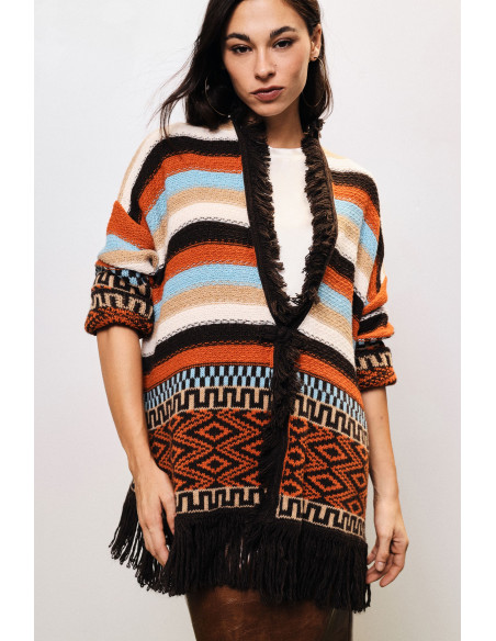 Poncho com franjas e motivos geométricos Dixie