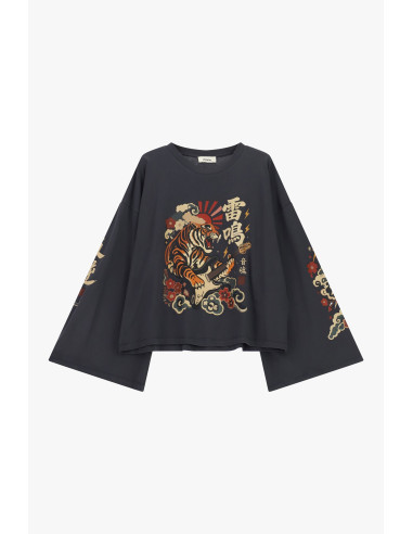 T-shirt de mangas compridas estilo quimono com estampado de tigre Dixie