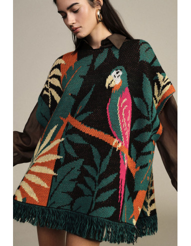 Poncho fantasia tropical com franjas Dixie