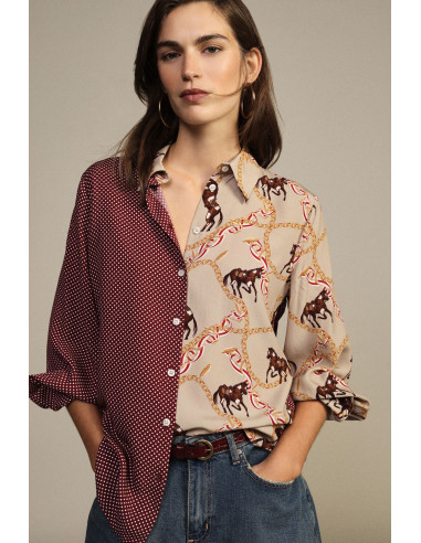 Camisa estampada em patchwork com cavalos e bolinhas Dixie