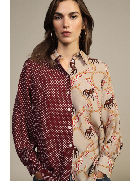 Camisa estampada em patchwork com cavalos e bolinhas Dixie