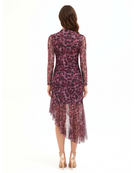 Vestido midi assimétrico e drapeado em malha elástica com padrão leopardo Rinascimento