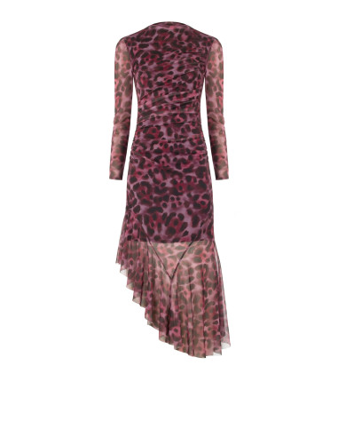 Vestido midi assimétrico e drapeado em malha elástica com padrão leopardo Rinascimento