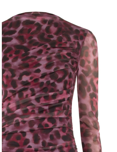 Vestido midi assimétrico e drapeado em malha elástica com padrão leopardo Rinascimento
