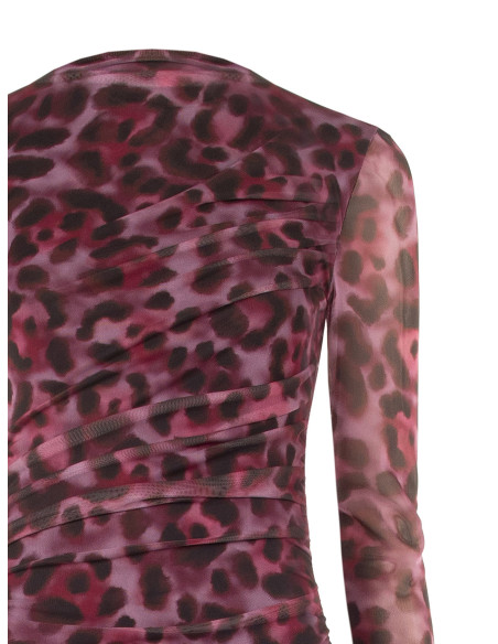 Vestido midi assimétrico e drapeado em malha elástica com padrão leopardo Rinascimento