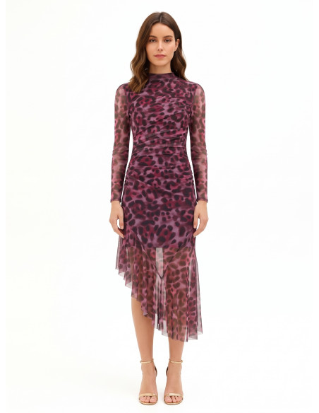 Vestido midi assimétrico e drapeado em malha elástica com padrão leopardo Rinascimento