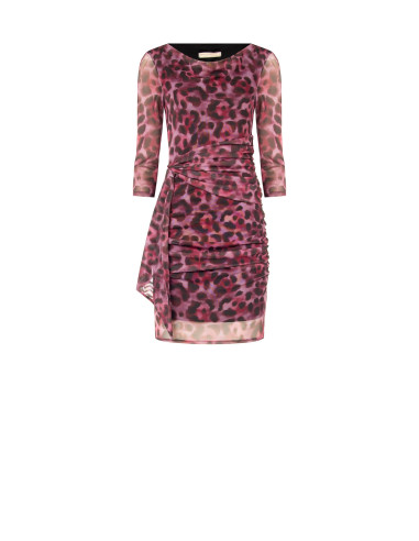 Vestido curto em malha elástica com padrão de leopardo e drapeado Rinascimento