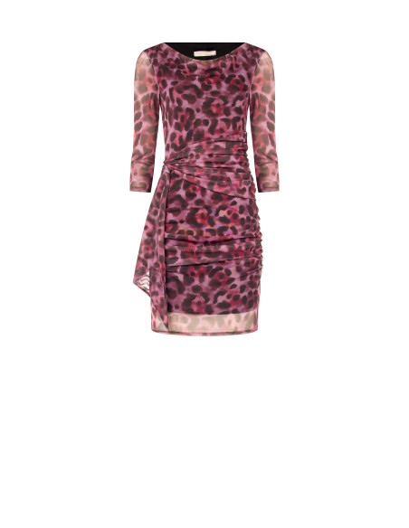 Vestido curto em malha elástica com padrão de leopardo e drapeado Rinascimento