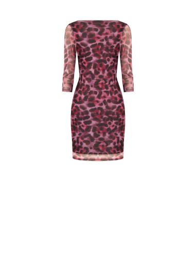 Vestido curto em malha elástica com padrão de leopardo e drapeado Rinascimento