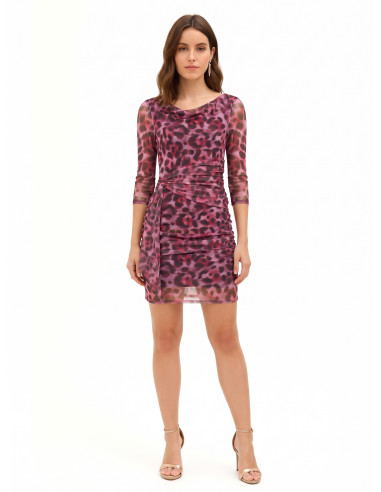 Vestido curto em malha elástica com padrão de leopardo e drapeado Rinascimento