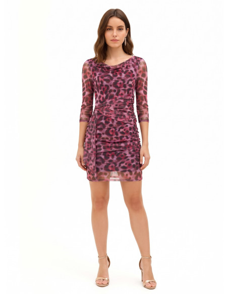 Vestido curto em malha elástica com padrão de leopardo e drapeado Rinascimento