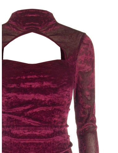 Vestido curto de veludo cotelê com franzidos laterais e recortes Rinascimento