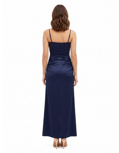 Vestido comprido de cetim com nó e racha Rinascimento