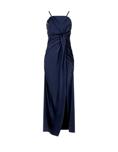 Vestido comprido de cetim com nó e racha Rinascimento