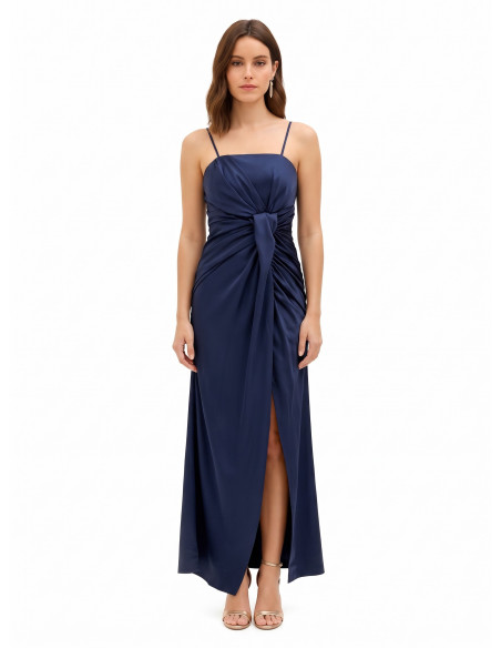 Vestido comprido de cetim com nó e racha Rinascimento