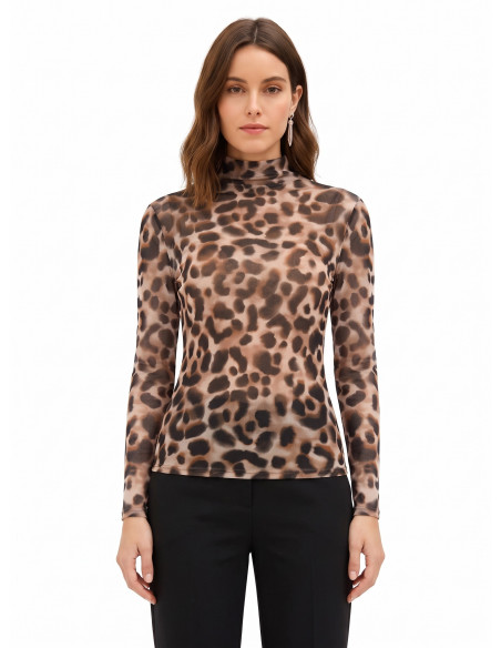 Top justo de gola alta em rede com padrão de leopardo Rinascimento