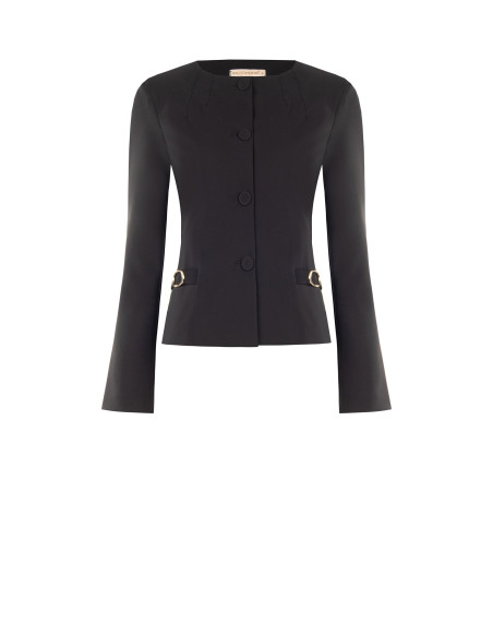 Blazer curto em tecido técnico, sem lapela, com fivelas decorativas Rinascimento