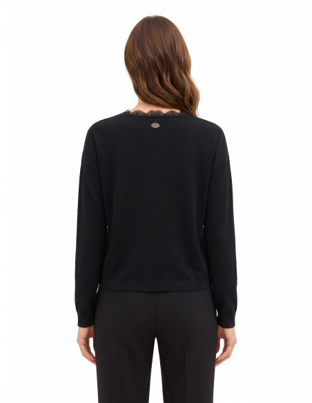 Cardigan de malha fino oversized em lã com decote em V e detalhe em renda Rinascimento