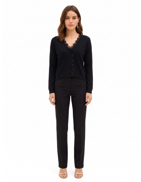 Cardigan de malha fino oversized em lã com decote em V e detalhe em renda Rinascimento