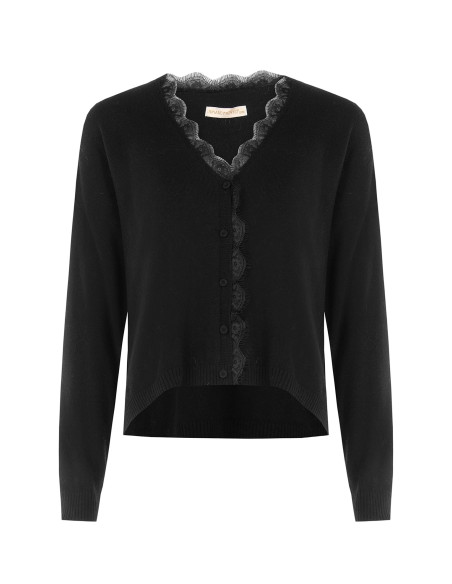 Cardigan de malha fino oversized em lã com decote em V e detalhe em renda Rinascimento