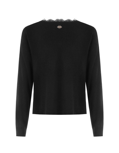 Cardigan de malha fino oversized em lã com decote em V e detalhe em renda Rinascimento