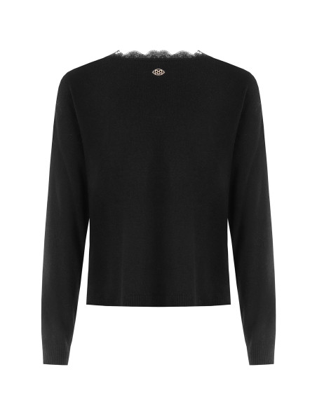 Cardigan de malha fino oversized em lã com decote em V e detalhe em renda Rinascimento