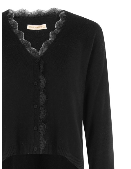Cardigan de malha fino oversized em lã com decote em V e detalhe em renda Rinascimento