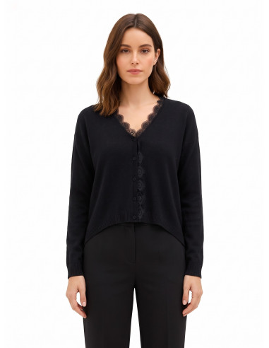 Cardigan de malha fino oversized em lã com decote em V e detalhe em renda Rinascimento
