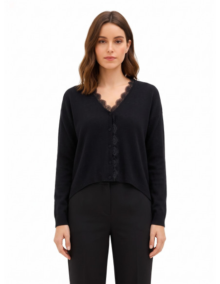 Cardigan de malha fino oversized em lã com decote em V e detalhe em renda Rinascimento