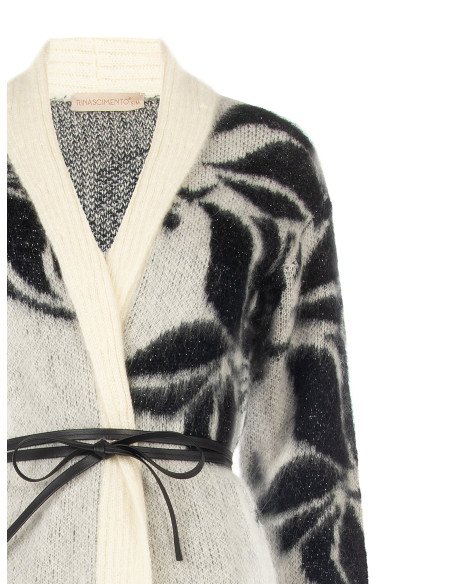 Cardigã em mistura de mohair e lurex com motivo floral maxi e cinto comprido em imitação de pele Rinascimento