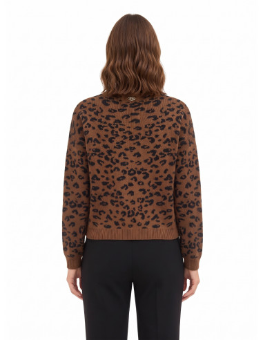 Camisola com padrão de leopardo, em mistura de viscose e lã, com cristais Rinascimento