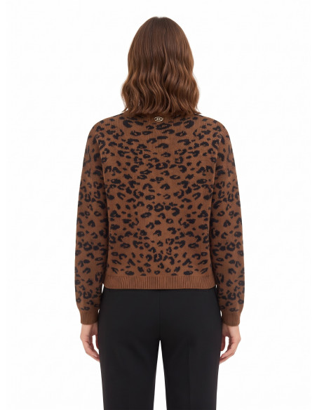 Camisola com padrão de leopardo, em mistura de viscose e lã, com cristais Rinascimento