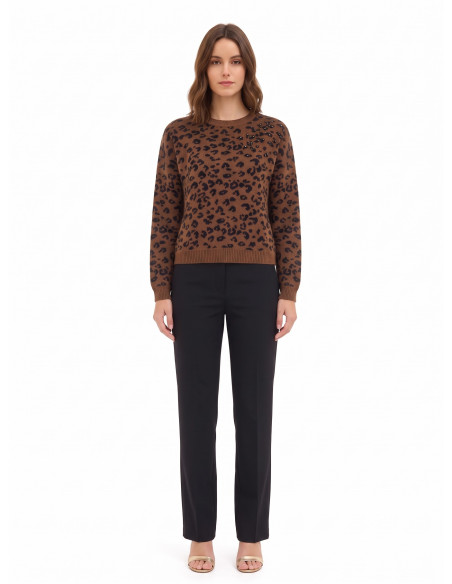 Camisola com padrão de leopardo, em mistura de viscose e lã, com cristais Rinascimento