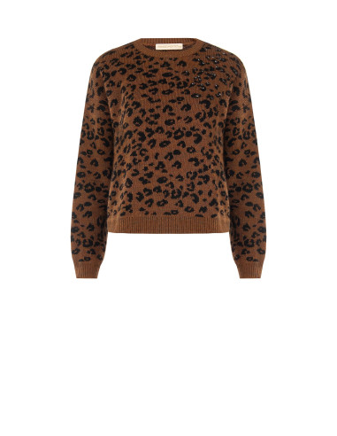 Camisola com padrão de leopardo, em mistura de viscose e lã, com cristais Rinascimento