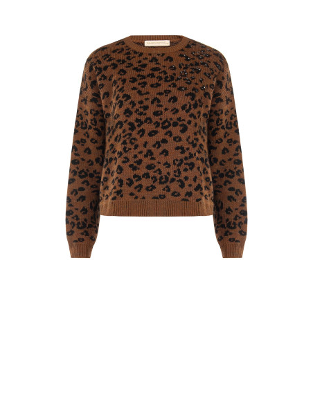 Camisola com padrão de leopardo, em mistura de viscose e lã, com cristais Rinascimento
