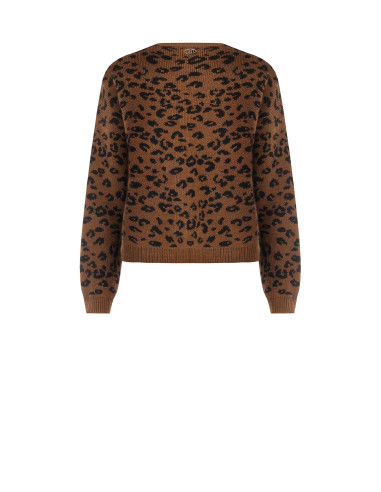 Camisola com padrão de leopardo, em mistura de viscose e lã, com cristais Rinascimento