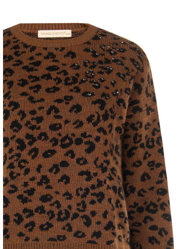 Camisola com padrão de leopardo, em mistura de viscose e lã, com cristais Rinascimento