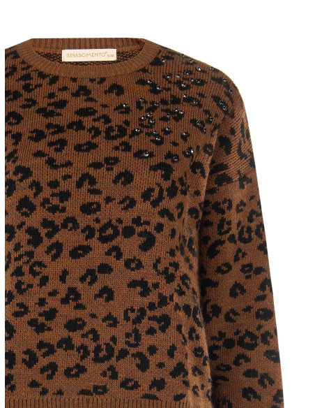 Camisola com padrão de leopardo, em mistura de viscose e lã, com cristais Rinascimento