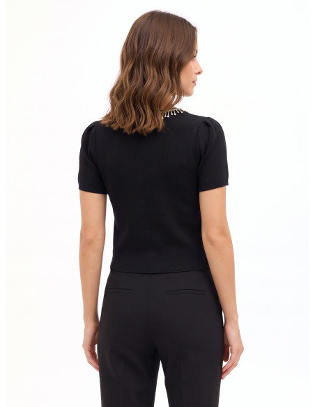 Top estruturado canelado fino em mistura de viscose com franjas de strass Rinascimento
