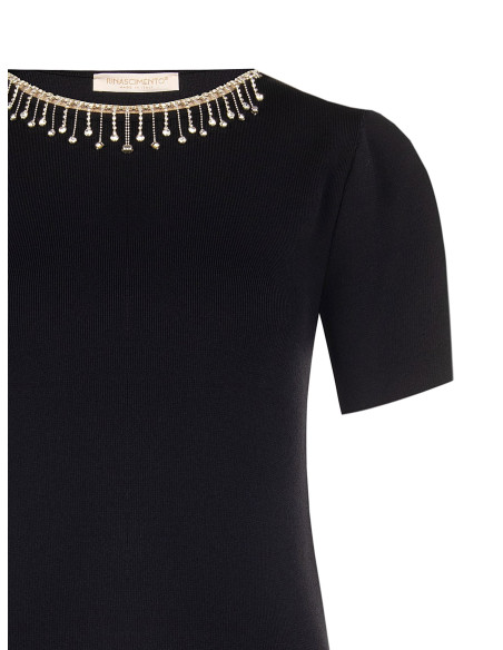 Top estruturado canelado fino em mistura de viscose com franjas de strass Rinascimento