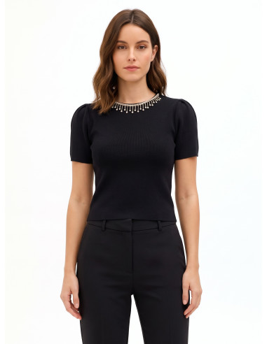 Top estruturado canelado fino em mistura de viscose com franjas de strass Rinascimento